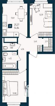 2-к квартира, вторичка, 55м2, 9/25 этаж