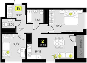 2-к квартира, вторичка, 60м2, 4/14 этаж