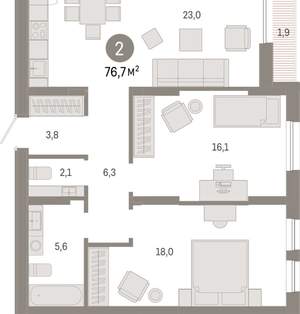 2-к квартира, вторичка, 77м2, 12/17 этаж