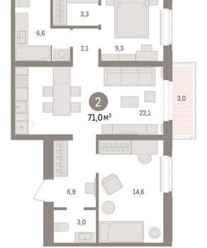 2-к квартира, вторичка, 71м2, 7/16 этаж