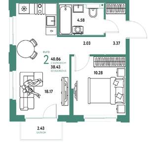 2-к квартира, вторичка, 41м2, 11/25 этаж