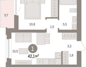 1-к квартира, вторичка, 42м2, 7/10 этаж