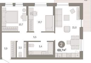 2-к квартира, вторичка, 70м2, 6/17 этаж