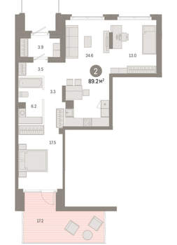 2-к квартира, вторичка, 89м2, 1/8 этаж