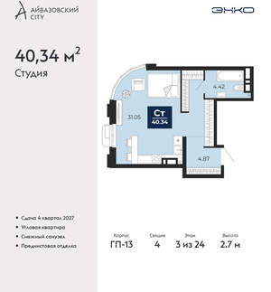 Студия квартира, вторичка, 40м2, 3/24 этаж