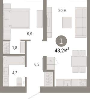 1-к квартира, вторичка, 43м2, 2/16 этаж