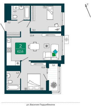 2-к квартира, вторичка, 63м2, 14/16 этаж