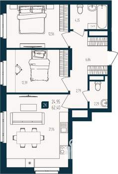 2-к квартира, вторичка, 62м2, 15/25 этаж