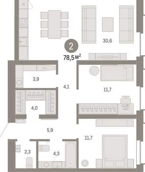 2-к квартира, вторичка, 78м2, 14/16 этаж