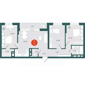 3-к квартира, вторичка, 79м2, 2/19 этаж