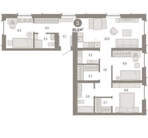 3-к квартира, вторичка, 86м2, 3/16 этаж