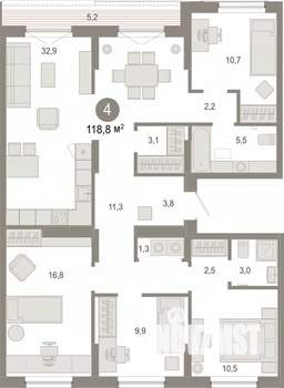 4-к квартира, вторичка, 119м2, 8/9 этаж