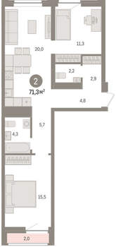 2-к квартира, вторичка, 71м2, 4/10 этаж