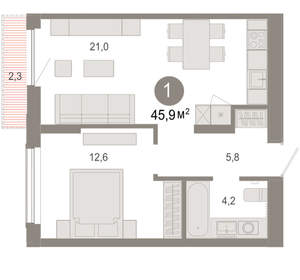 1-к квартира, вторичка, 46м2, 10/17 этаж