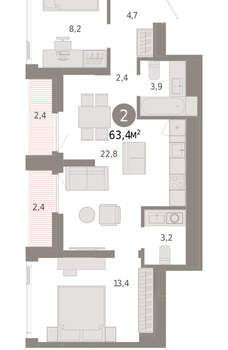2-к квартира, вторичка, 63м2, 23/25 этаж