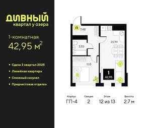 1-к квартира, вторичка, 43м2, 12/23 этаж
