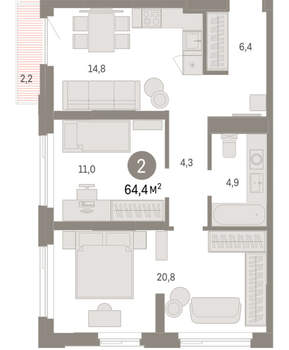 2-к квартира, вторичка, 64м2, 8/25 этаж