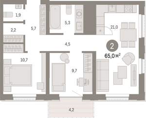 2-к квартира, вторичка, 65м2, 21/25 этаж
