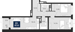 2-к квартира, вторичка, 65м2, 2/20 этаж