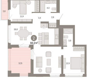 2-к квартира, вторичка, 93м2, 8/25 этаж