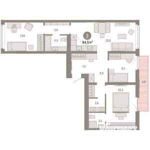 3-к квартира, вторичка, 94м2, 8/9 этаж