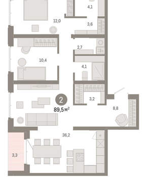 2-к квартира, вторичка, 90м2, 10/11 этаж
