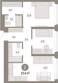 2-к квартира, вторичка, 57м2, 8/25 этаж