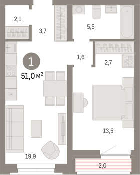 1-к квартира, вторичка, 51м2, 9/10 этаж