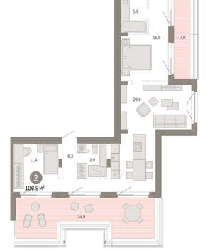 2-к квартира, вторичка, 107м2, 7/11 этаж