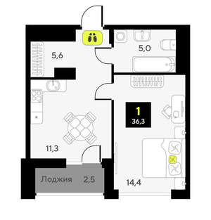1-к квартира, сданный дом, 36м2, 7/9 этаж