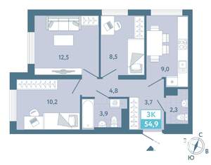 2-к квартира, строящийся дом, 55м2, 3/19 этаж