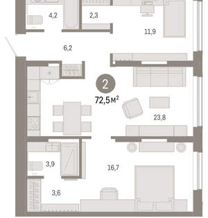 2-к квартира, вторичка, 73м2, 2/17 этаж