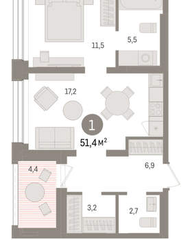 1-к квартира, вторичка, 51м2, 7/8 этаж