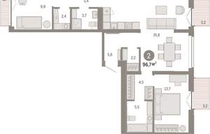 2-к квартира, вторичка, 97м2, 3/16 этаж