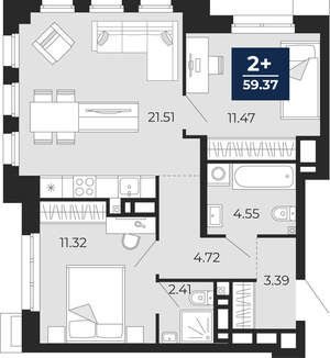 2-к квартира, вторичка, 59м2, 3/24 этаж