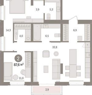 2-к квартира, вторичка, 88м2, 3/16 этаж