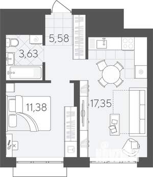 1-к квартира, строящийся дом, 38м2, 21/25 этаж