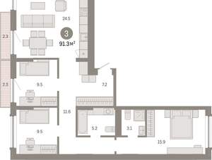 3-к квартира, вторичка, 91м2, 7/8 этаж