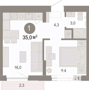 1-к квартира, вторичка, 35м2, 3/17 этаж