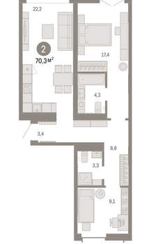 2-к квартира, вторичка, 70м2, 9/16 этаж