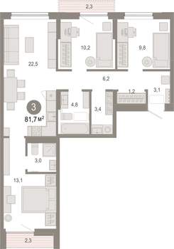 3-к квартира, вторичка, 82м2, 5/7 этаж