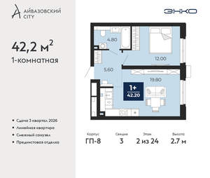 1-к квартира, вторичка, 42м2, 2/24 этаж