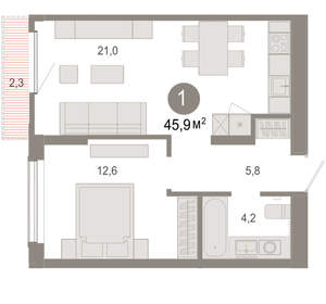 1-к квартира, вторичка, 46м2, 12/17 этаж