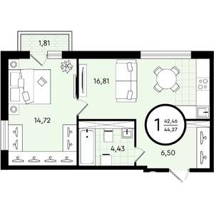 1-к квартира, вторичка, 44м2, 2/4 этаж