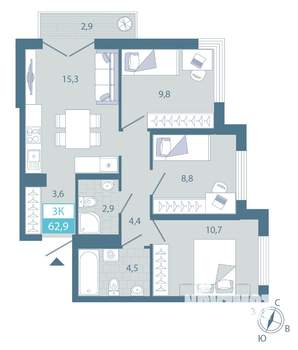 2-к квартира, строящийся дом, 63м2, 3/25 этаж