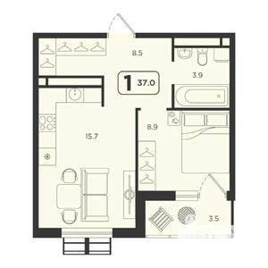 1-к квартира, строящийся дом, 37м2, 23/25 этаж