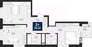 2-к квартира, сданный дом, 60м2, 18/18 этаж