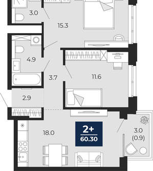 2-к квартира, вторичка, 60м2, 13/18 этаж