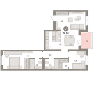 2-к квартира, вторичка, 84м2, 3/11 этаж