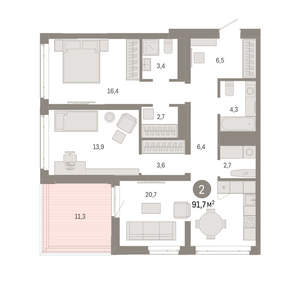 2-к квартира, вторичка, 92м2, 12/25 этаж